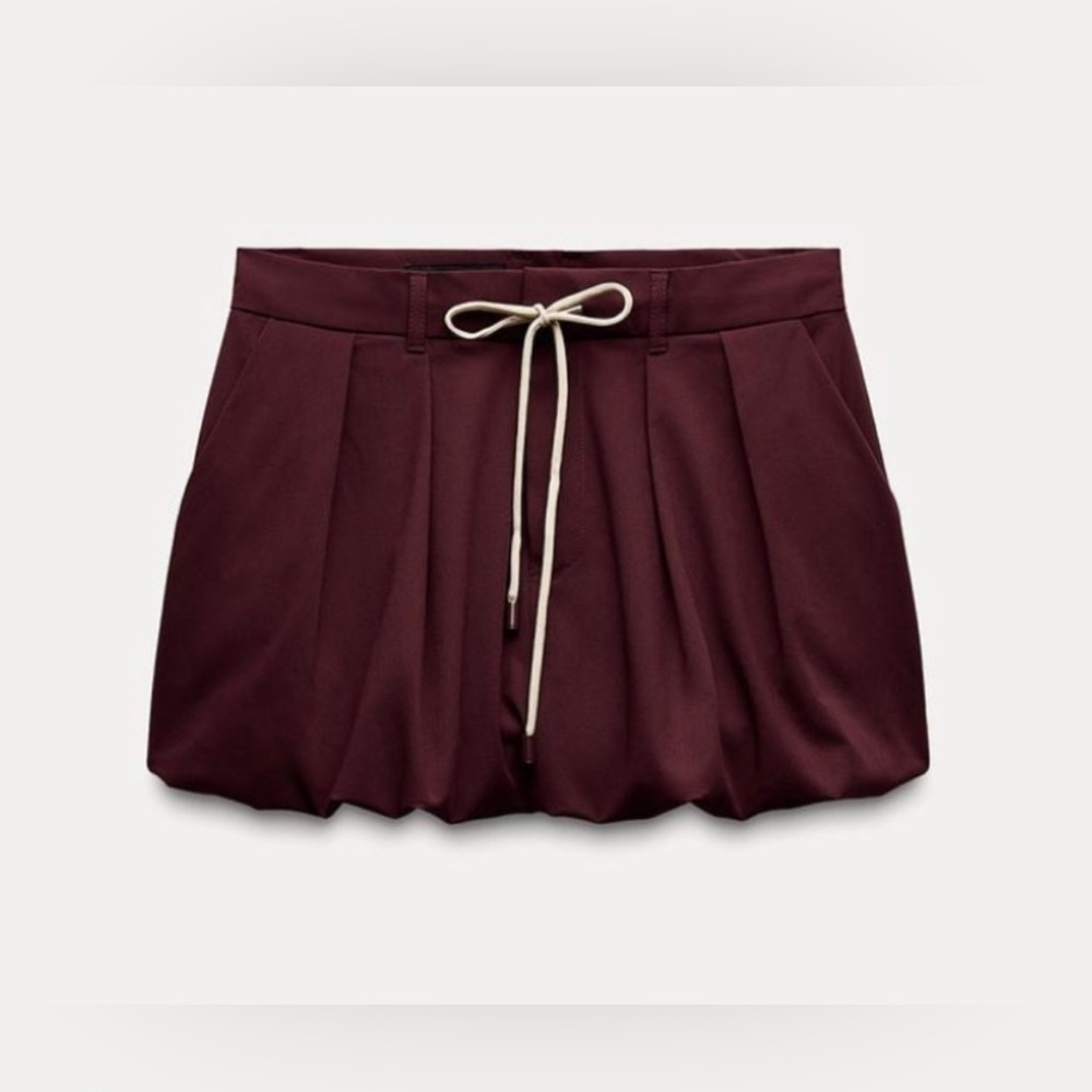 Zara Wine-Burgundy Drawstring Mini Skirt